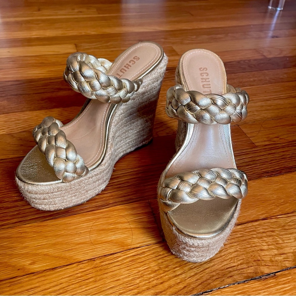 SCHUTZ Metallic Gold Braided Espadrille Wedge Sandals